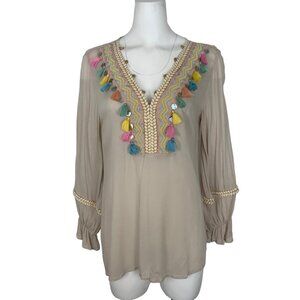 Soft Surroundings Clementine Tunic Top S Embroidered Tassels NEW